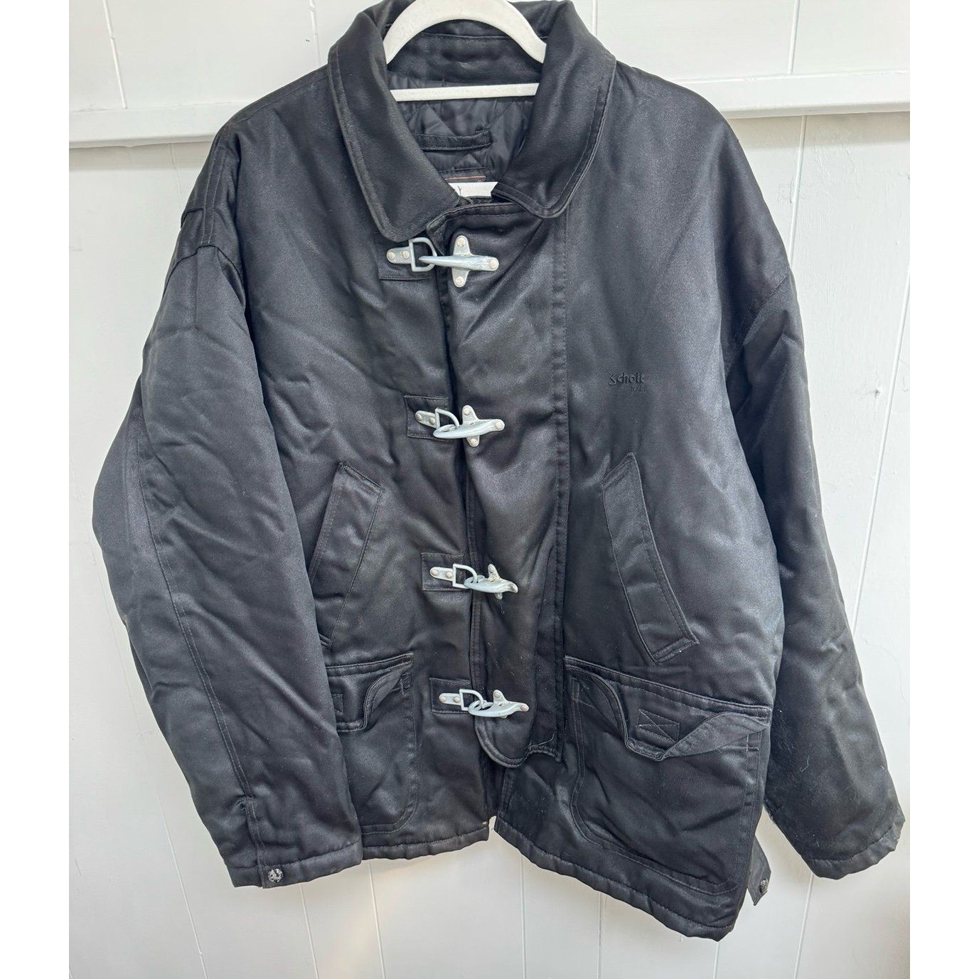 Schott Nylon Fireman Jacket American Casual Navy Black Mens Xl Cotton Padding